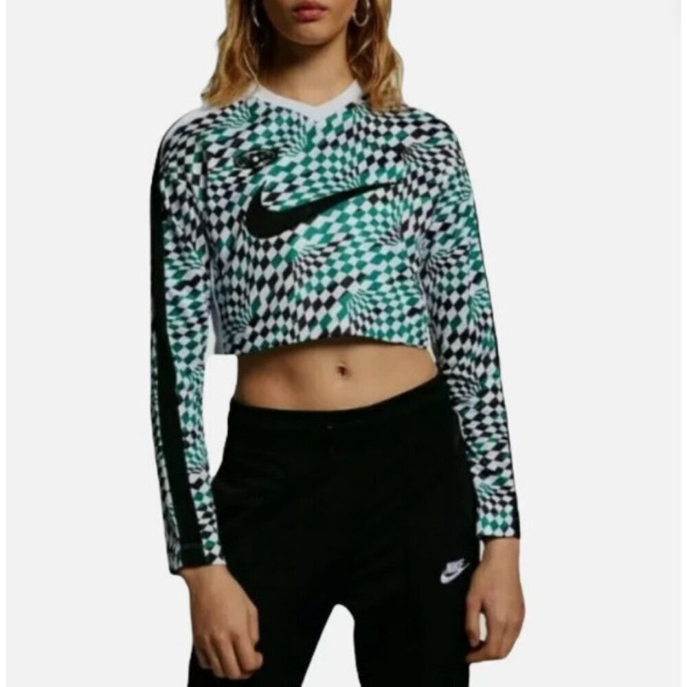 Nike Shirt Womens Medium Green Black Checkered Loose Fit Cropped Long Sleeve